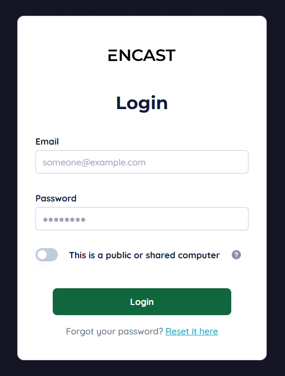 Encast Login Screen